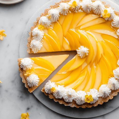 A bright yellow tart slice with a fluffy white top.