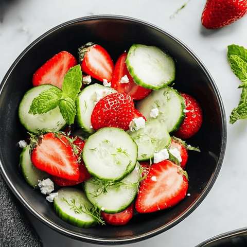 A bowl filled with strawberries, cucumbers, and sprigs of mint.