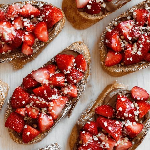 Close shot of croissants topped with strawberries and chocolate.