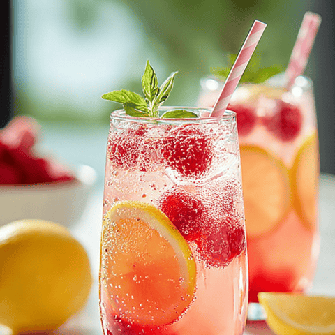 Pink lemonade in two glasses, each with a lemon slice.