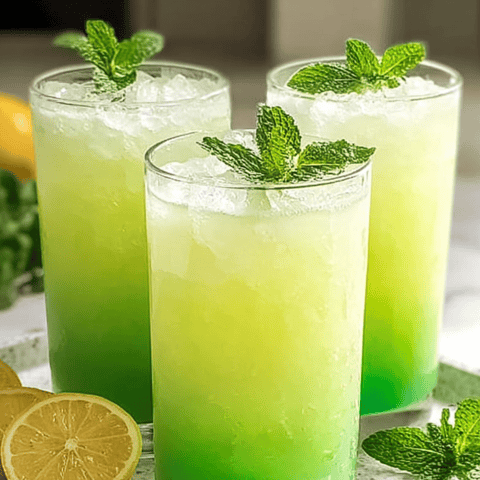 Three glasses full of bright green and yellow drinks.