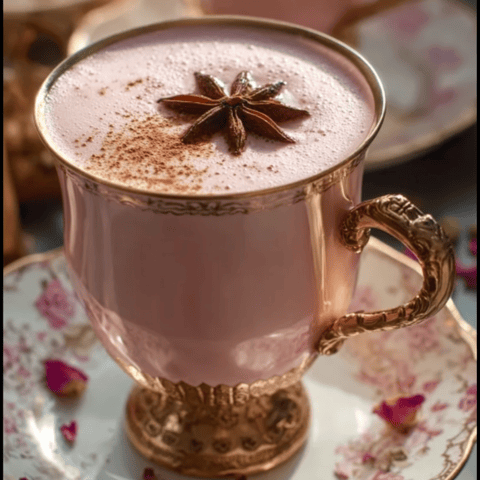 A rosy mug of chai topped with a star-shaped spice.