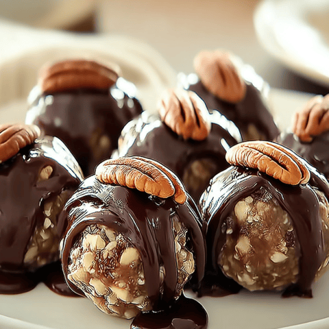 Plate stacked with chocolate-dipped nutty treats.