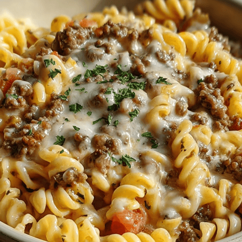 A hearty bowl filled with cheesy pasta, beef, and bright tomatoes.