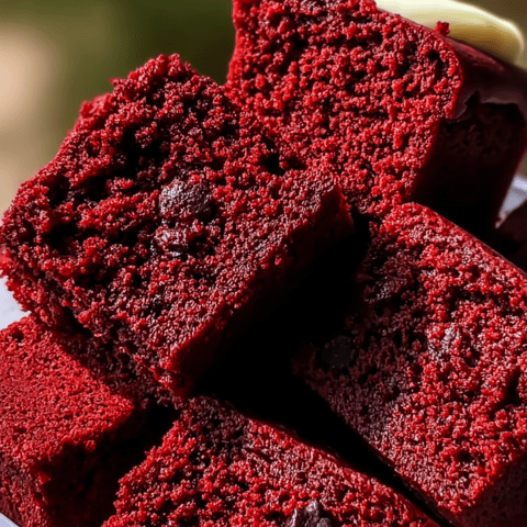 Red velvet cake with white frosting.