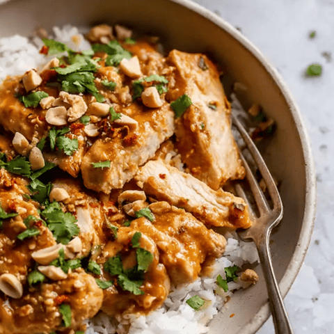 Chicken and fluffy rice piled in a bowl.