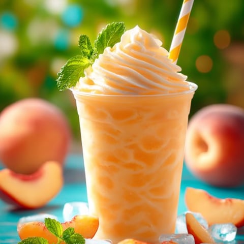 A glass filled with orange peachy slush and a straw.