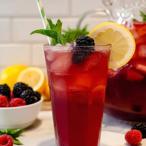 A glass of red drink with a lemon wedge and a bowl of berries.