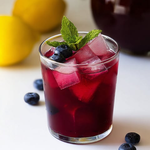 A tall glass of blueberry juice topped with a lemon wedge.