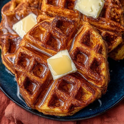 Waffles stacked up hot with melting butter.