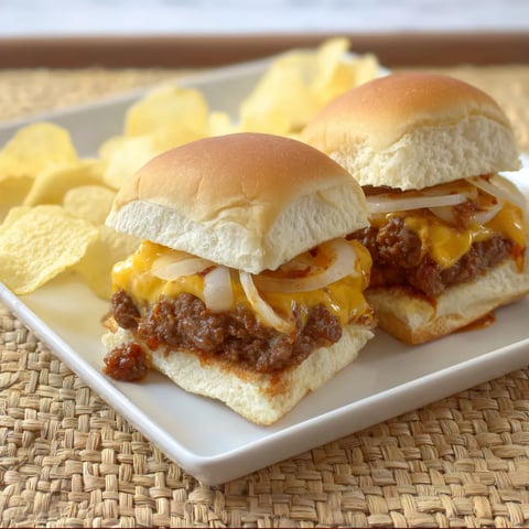 A pair of mini cheeseburgers with onions on top, sitting on a dish.