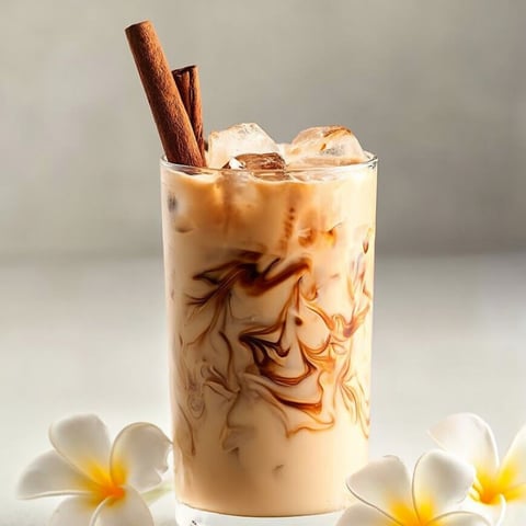 Coffee topped with cinnamon in a glass.