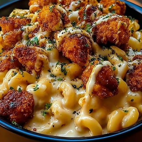 Mac and cheese with crispy chicken in a bowl.