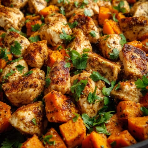 Chicken with carrots sizzling in a pan.