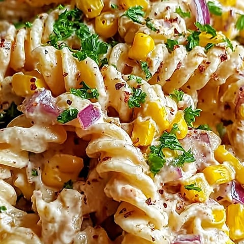 Bowl stacked with pasta, corn, plus onion slices.