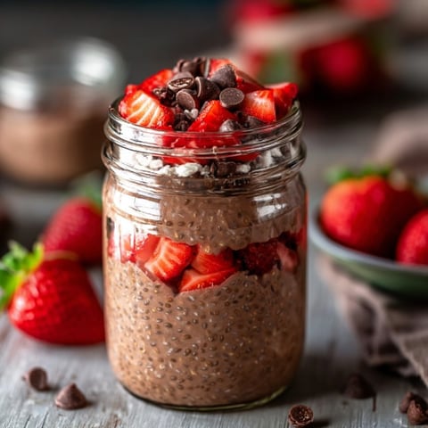 A jar filled with chocolate and fresh strawberries.