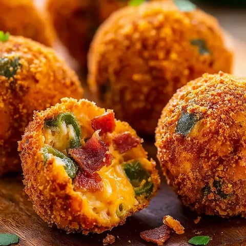 Small balls packed with cheese and bacon sit on a wooden table.