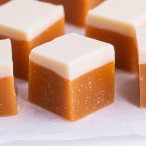 A square treat topped with white icing.