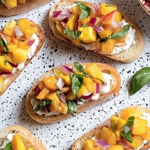 Some toasts piled with fruit and cheese on a plate.