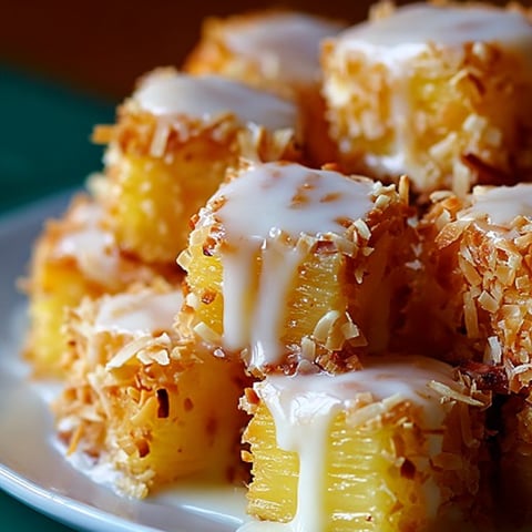 A plate loaded with coconut-topped cake squares.