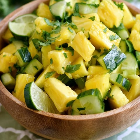 Fruit and veggies—lime, pineapple, and cucumber—in a bowl.