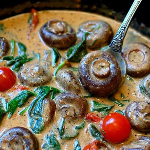 A spoon tucked into a bowl full of tomatoes and mushrooms.