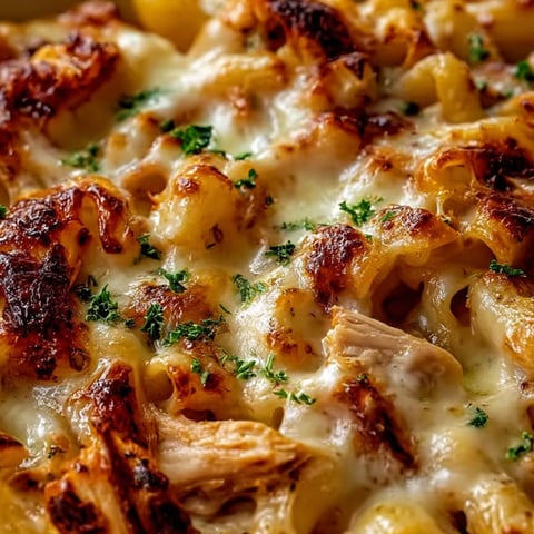 Super close shot of creamy mac and BBQ chicken mixed together.