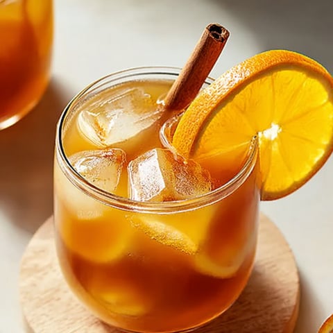 There’s a glass filled with tea and a cinnamon stick poking out.