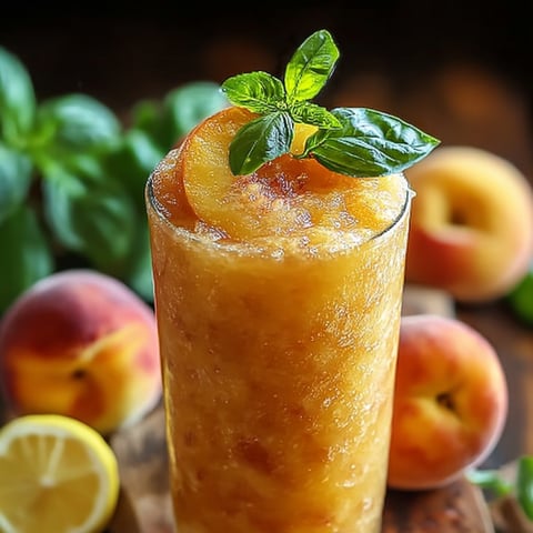 Glass of peach drink topped with lemon wedge.