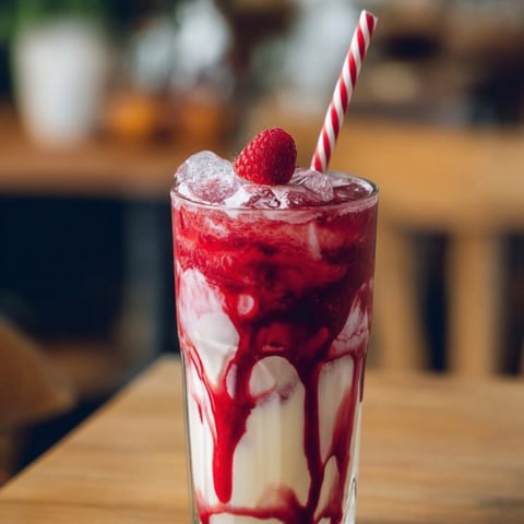 A glass filled with a bright pink, creamy raspberry soda.