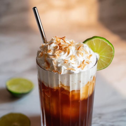 Cold coconut drink in a glass with a fresh lime wedge.