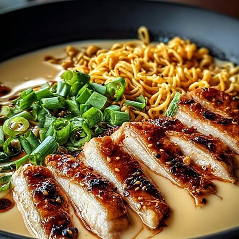Noodles in a bowl topped with chicken and fresh greens.