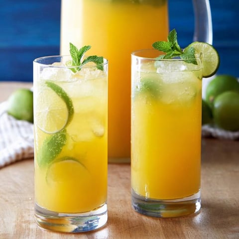 A couple of orange drinks in glasses sitting on a table.