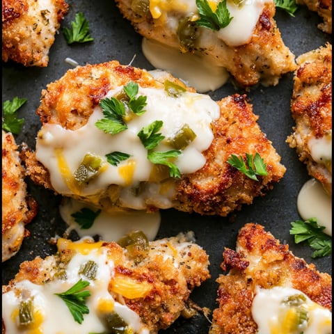 Chicken in a creamy sauce with green pepper slices.