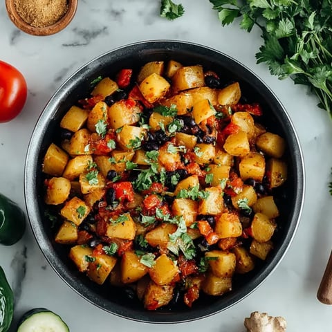 Potatoes tossed in spices and served with a spoon in a bowl.