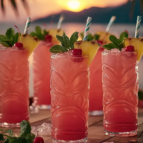 Pink drinks with straws and fruit garnishes.