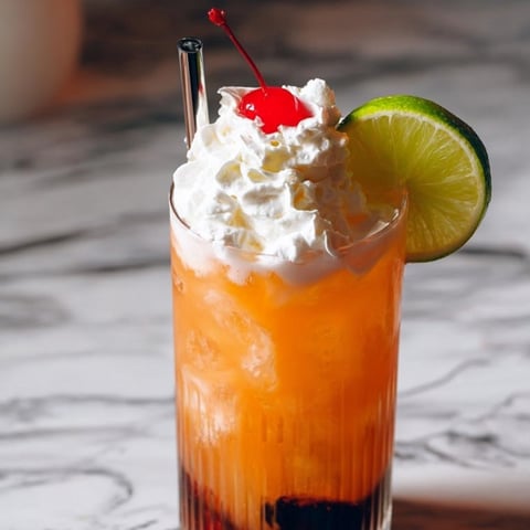 A cold orange drink in a glass topped with a cherry.