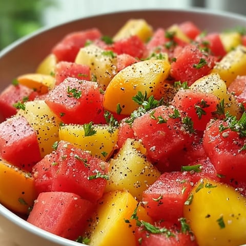 Fruit bowl with watermelon, cantaloupe, and honeydew chunks.