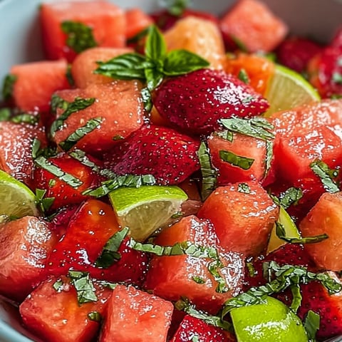 Big fruit pieces of watermelon and strawberries with lime in a bowl.
