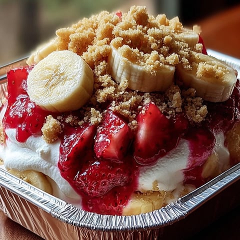 Bananas, strawberries, and soft whipped cream in a sweet treat.