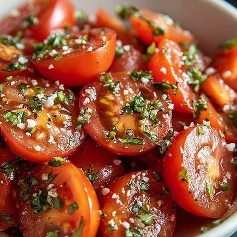 A bowl with tomatoes and lots of herbs.