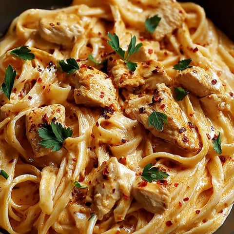 A bowl piled with pasta, peppers and chicken pieces.