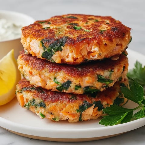 Three patties stacked up with leafy greens sprinkled on top.