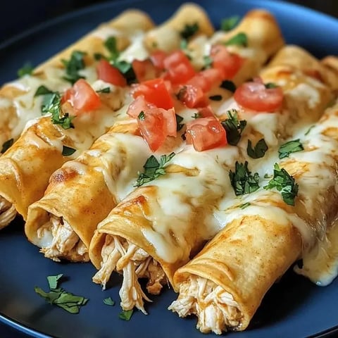 Plate stacked with taquitos, some chicken and tomato peeking out.