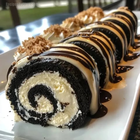 Sliced chocolate roll stuffed with Oreo cream on a plate.
