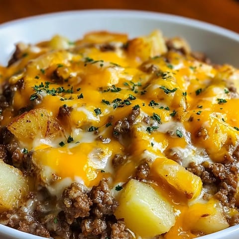 A bowl with cheesy potatoes and beef.