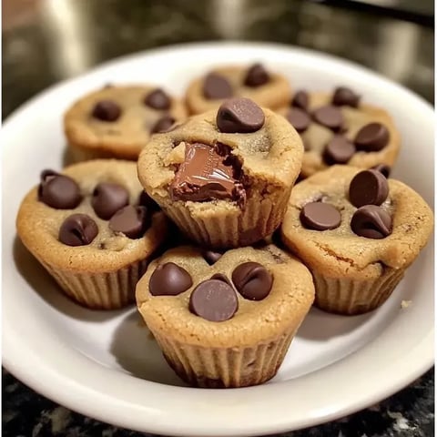 Cookies on a plate with chocolate chips scattered around.