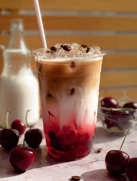 A glass of cherry vanilla iced latte.
