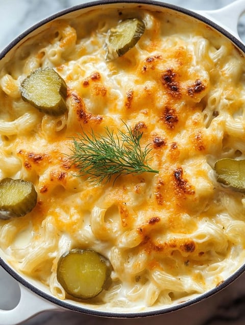 A bowl of mac and cheese with a pickle on top.