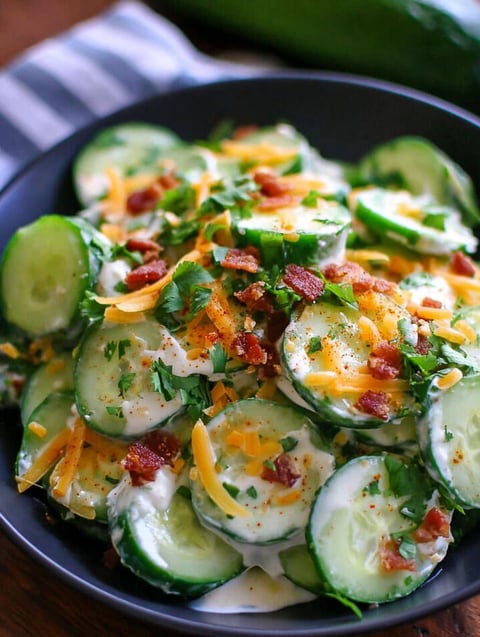 A bowl of spicy jalapeño popper cucumber salad.